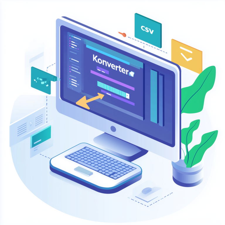 Eine dynamische und moderne Illustration einer Desktop-Anwendung, die CSV-Dateien umwandelt und eine Drag & Drop-Schnittstelle darstellt. Das Bild sollte einen Computerbildschirm anzeigen, in dem ein Anwendungsfenster mit einer Drop -Zone zum Ziehen von CSV -Dateien angezeigt wird. Geben Sie visuelle Elemente wie Code -Snippets, CSV -Datei -Symbole und Konvertierungspfeile ein, die die Transformation von einem Format zum anderen symbolisieren. Die Einstellung sollte technisch orientiert und visuell ansprechend sein, wodurch das Konzept der Automatisierung und die Benutzerfreundlichkeit bei der Softwareentwicklung erfasst wird. Es sollte den Text "CSV Konverter" im Bild geben